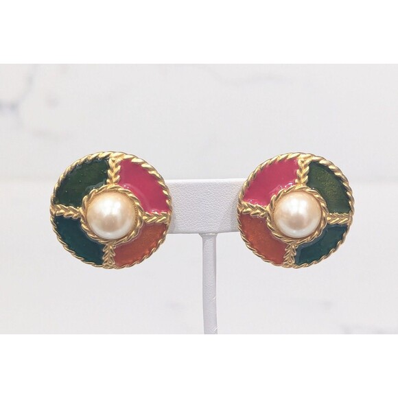 Vintage Faux Pearl Earrings Clip Statement Enamel Pink Green Byzantine 80s 90s - Picture 11 of 11